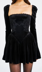 Carlyn Chic Black Velvet Puffed Sleeve Mini Dress