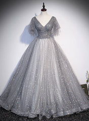 Grey V-neckline Tulle Low Back Long Prom Dress