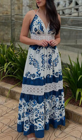 Estela Boho V-Neck Printed Maxi Dress with Lace Trim