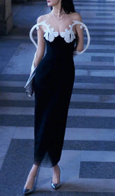 Carezza Glamour Mesh Floral Embellished Black Midi Dress