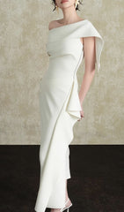 Gale White One-Shoulder Draped Midi Dress