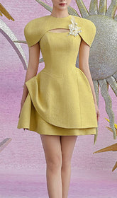 Chic Conlan Yellow Puffed Sleeve Mini Dress with Pearl Floral Accent