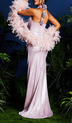 Lahela Glamour Shimmer Halter Maxi Dress with 3D Flower & Feather Shrug