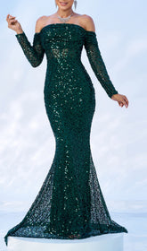 Corbett Emerald Green Sequin Off-Shoulder Mermaid Maxi Gown