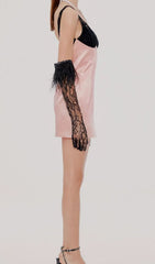 Blush Pink Satin Mini Dress with Chic Lace & Feather Gloves Set