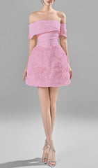 Caradoc Blush Pink Off-Shoulder Rosette Mini Dress