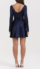 Alluring Navy Satin Deep V-Neck Mini Dress