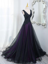 Black and Purple A-line Lace-up Tulle with Lace Prom Dress