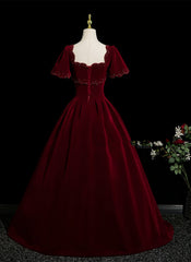 Vestido de fiesta de terciopelo rojo vino con mangas cortas y largo hasta el suelo