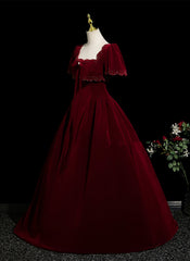 Vestido de fiesta de terciopelo rojo vino con mangas cortas y largo hasta el suelo