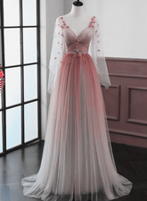 Vestido de fiesta de tul con encaje y corte A en degradado rojo