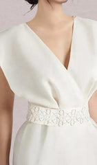 Bogda Elegant V-Neck White Midi Dress with Embellished Waist & Slit