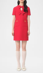 Elegant Red Crepe Couture Short Dress with Chic Bows & V-Gold Accents