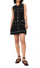 Chic Black Topstitched Knit Shift Dress with Gold Buttons