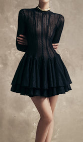 Colt Black Sheer Knit Long Sleeve Ruffle Mini Dress