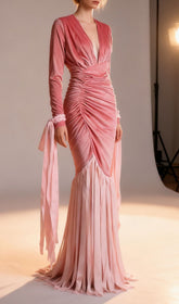 Jasmine Pink Velvet Ruched Maxi Gown