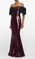 Jurek Sequin Off-Shoulder Bow Maxi Gown