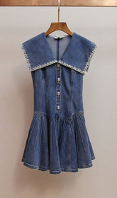 Havika Women's Embellished Sailor Collar Denim Mini Dress with Pleated Skirt