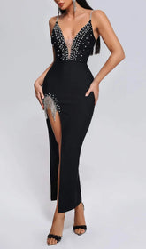 Dazzling Black Diamante High Slit Maxi Bandage Dress