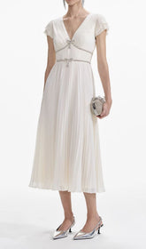 Eternity Elegant White Pleated V-Neck Midi Dress