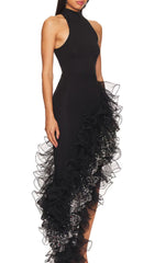 Donny Black Halter Asymmetric Sequin Ruffle Maxi Dress