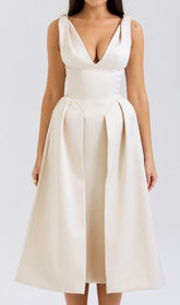 Dilanne Elegant Ivory V-Neck Midi Dress