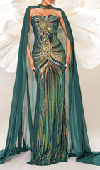 Chalice Iridescent Green Sequin Maxi Gown with Dramatic Flowing Cape