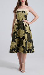 Faylinn Elegant Golden Floral Brocade Midi Dress with Pearl & Bow Details