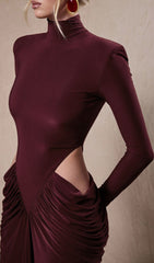 Jera Wine Elegant Cutout Ruched Maxi Dress
