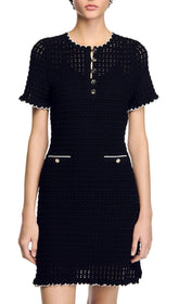 Chic Black Scalloped Openwork Knit Mini Dress with Button Detail