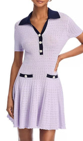 Chic Lilac Pointelle Knit Mini Polo Dress with Pearl Buttons