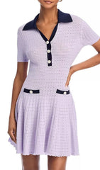 Chic Lilac Pointelle Knit Mini Polo Dress with Pearl Buttons