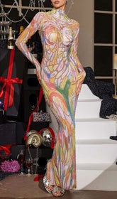 Rupok Dazzling Rhinestone Abstract Print Turtleneck Maxi Dress