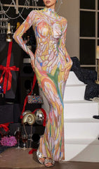 Rupok Dazzling Rhinestone Abstract Print Turtleneck Maxi Dress