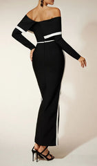 Glamorous Off-Shoulder Black & White Bandage Maxi Dress with High Split