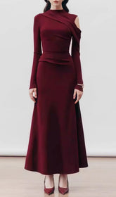 Gaines Wine Asymmetrical Draped Long Sleeve Maxi Dress