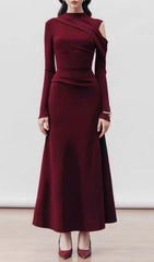 Gaines Wine Asymmetrical Draped Long Sleeve Maxi Dress