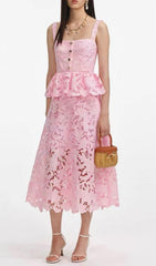 Fumito Chic Blush Pink Floral Lace Peplum Midi Dress for Women