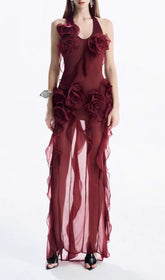 Hailey Red Halter Floral Maxi Dress