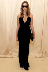 Chic Black Strapless Deep V Maxi Dress with Sparkle Trim