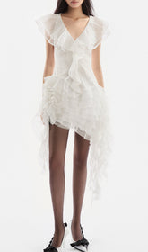 Dorsey Whimsical White Ruffle High-Low Mini Dress