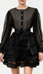 Jezebel Shimmer Tiered Mini Dress with Puff Sleeves