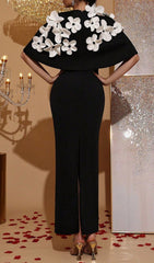 Halo Black Floral Cape Maxi Dress