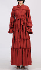 Genaro Deep Red Tiered Maxi Shirtdress with Ruffled Sleeves & Tie Waist