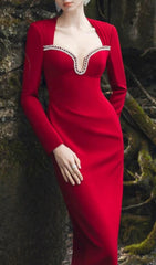 Elle Red Diamond Embellished Long Sleeve Bodycon Maxi Dress