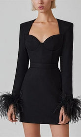 Sultry Black Feather Cuff Mini Dress