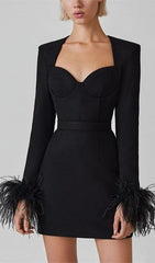 Sultry Black Feather Cuff Mini Dress