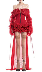 Francesca Red Siren Corset Mesh Mini Dress with Dramatic Sheer Train