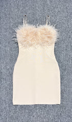Candace Beige Feather Trim Bandage Mini Dress