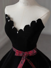 Black Velvet Ball Gown Pearls V-neckline Party Dress